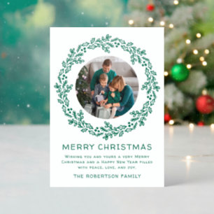 Whimsical Hand Drawn Christmas Wreath Letterpress Photo Cards