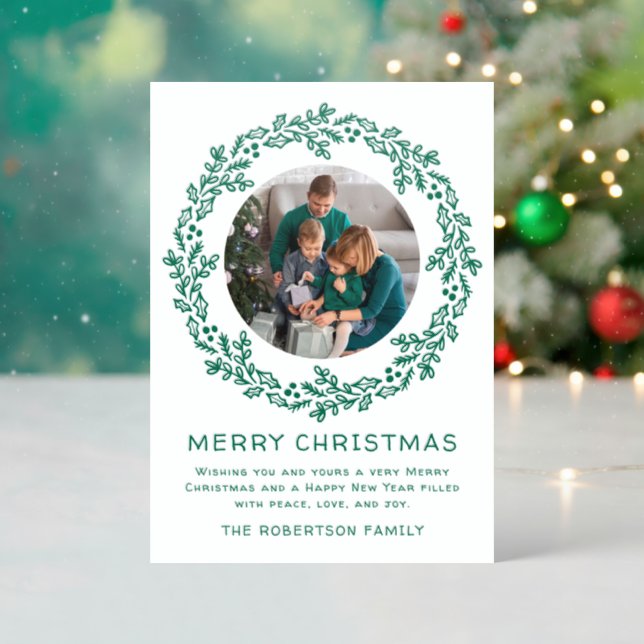 Whimsical Hand Drawn Christmas Wreath Letterpress Photo Cards (Front (Into))
