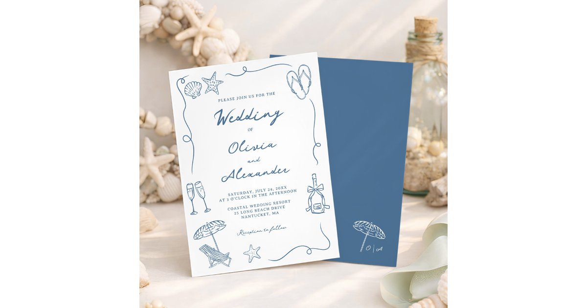Whimsical Hand Drawn Coastal Blue Beach Wedding Invitation | Zazzle