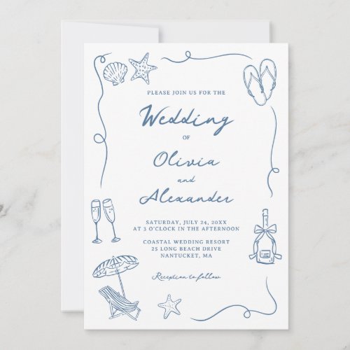 Whimsical Hand Drawn Coastal Blue Beach Wedding