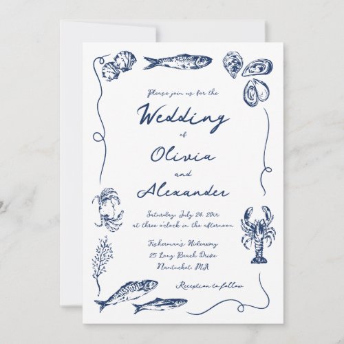 Whimsical Hand Drawn Coastal Navy Blue Wedding