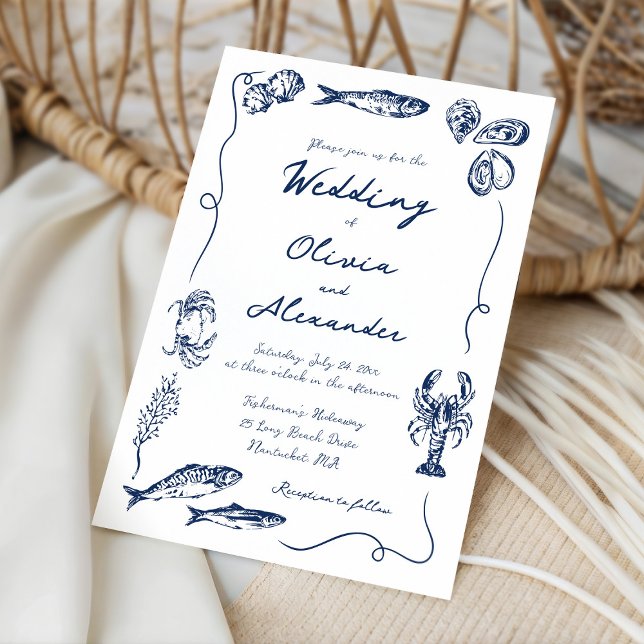 Whimsical Hand Drawn Coastal Navy Blue Wedding Invitation (Creator Uploaded)
