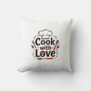 Whimsical Hand-Drawn "Cook with Love" Logo with Ch Throw Pillow
