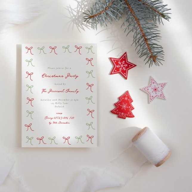 Whimsical Hand Drawn Coquette Bows Christmas Party Invitation (Creator Uploaded)