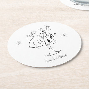 Whimsical Hand Drawn Couple Wedding Engagement Round Paper Coaster