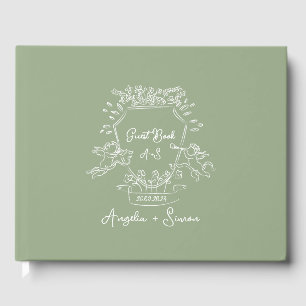 Whimsical Hand drawn Crest Sage Green Wedding Guest Book
