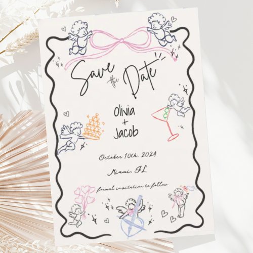 Whimsical Hand Drawn Cupid Scribble Bow Wedding  Invitation