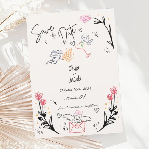 Whimsical Hand Drawn Cupid Scribble Bow Wedding  Invitation