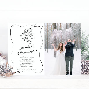 Whimsical Hand Drawn Cupid Ski Photo Wedding Invitation