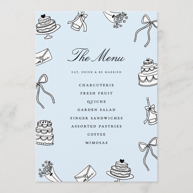 Whimsical Hand Drawn Cute Unique Bridal Shower Menu (Front)