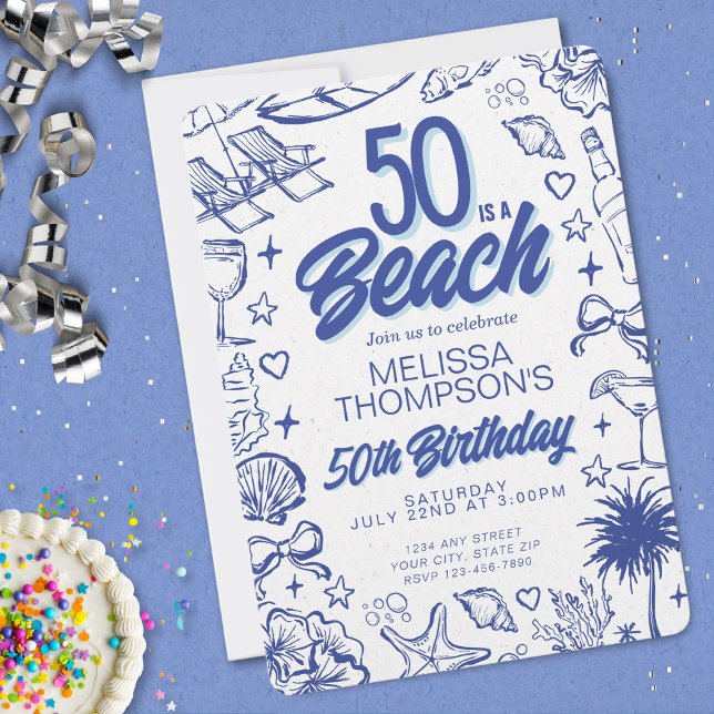Whimsical Hand Drawn Doodle 50th Beach Birthday Invitation (Creator Uploaded)