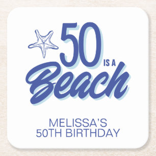 Whimsical Hand Drawn Doodle 50th Beach Birthday Square Paper Coaster