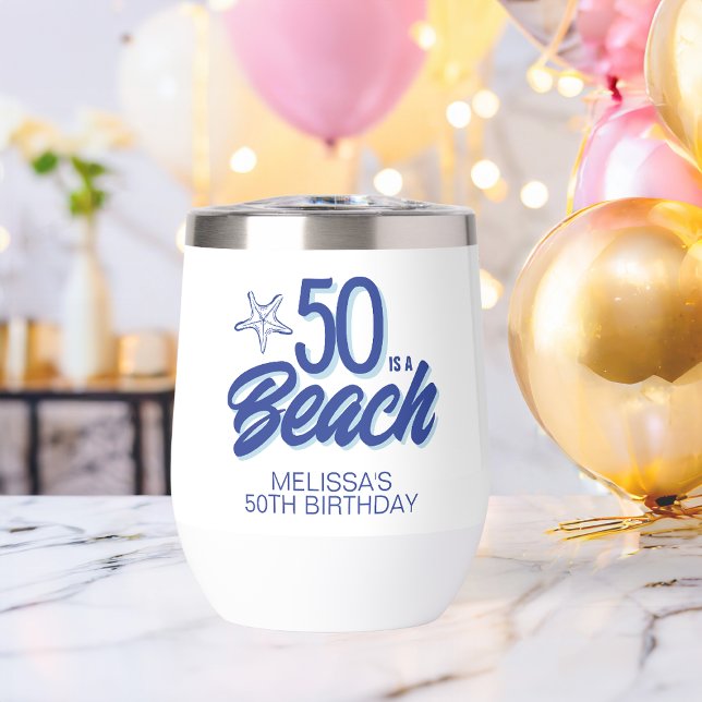 Whimsical Hand Drawn Doodle 50th Beach Birthday Thermal Wine Tumbler (Creator Uploaded)