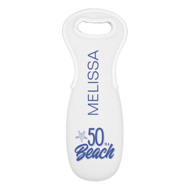 Whimsical Hand Drawn Doodle 50th Beach Birthday Wine Bag (Back Flat)