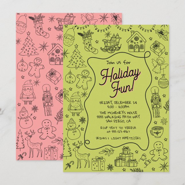 Whimsical hand drawn doodle Christmas Party Invitation (Front/Back)