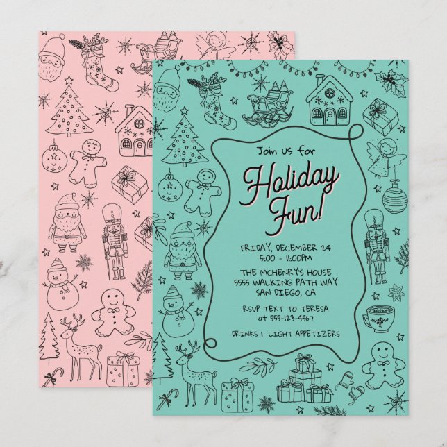 Whimsical hand drawn doodle Christmas Party Invitation (Front/Back)