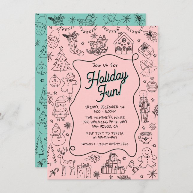 Whimsical hand drawn doodle Christmas Party Invitation (Front/Back)