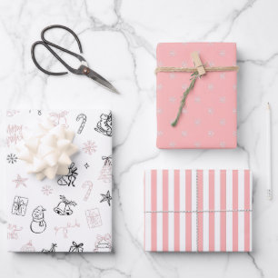 Whimsical Hand Drawn Doodle Christmas Pink Black Wrapping Paper Sheets