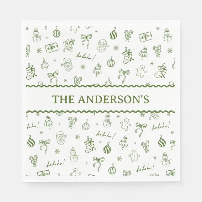 Whimsical Hand Drawn Doodle Green Napkins (Front)