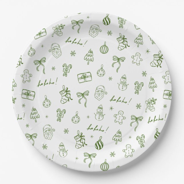 Whimsical Hand Drawn Doodle Green Paper Plates (Front)