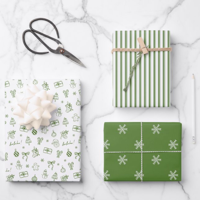 Whimsical Hand Drawn Doodle Green Wrapping Paper Sheets (Front)