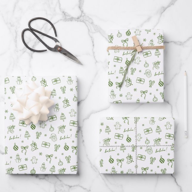 Whimsical Hand Drawn Doodle Green Wrapping Paper Sheets (Front)