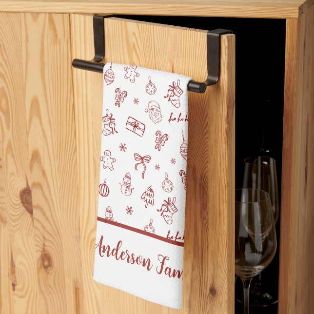 Whimsical Hand Drawn Doodle Red Kitchen Towel (Thirds Fold)