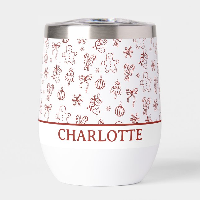 Whimsical Hand Drawn Doodle Red Thermal Wine Tumbler (Front)