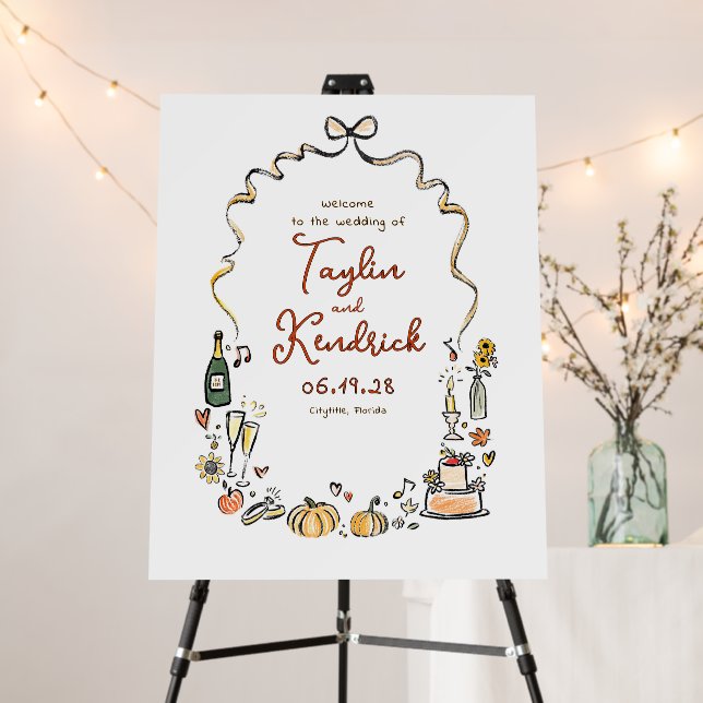 Whimsical Hand Drawn Doodles Fall Wedding Welcome Foam Board (In Situ (Stand))