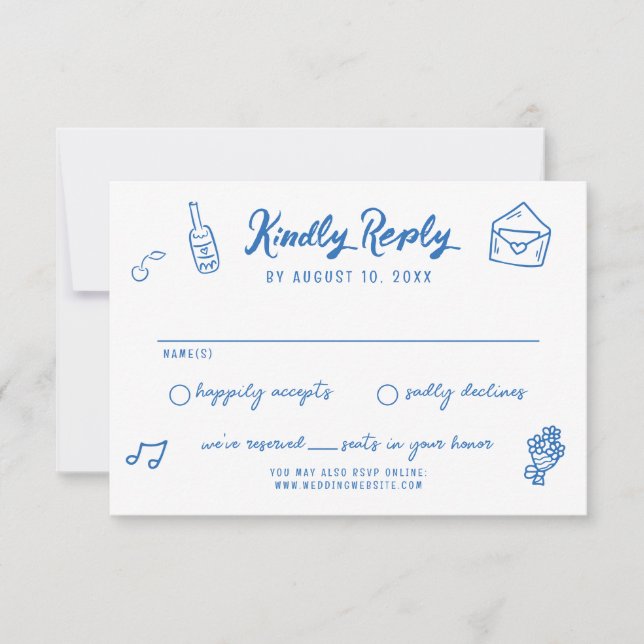Whimsical Hand Drawn Doodles French Style Wedding RSVP Card (Front)