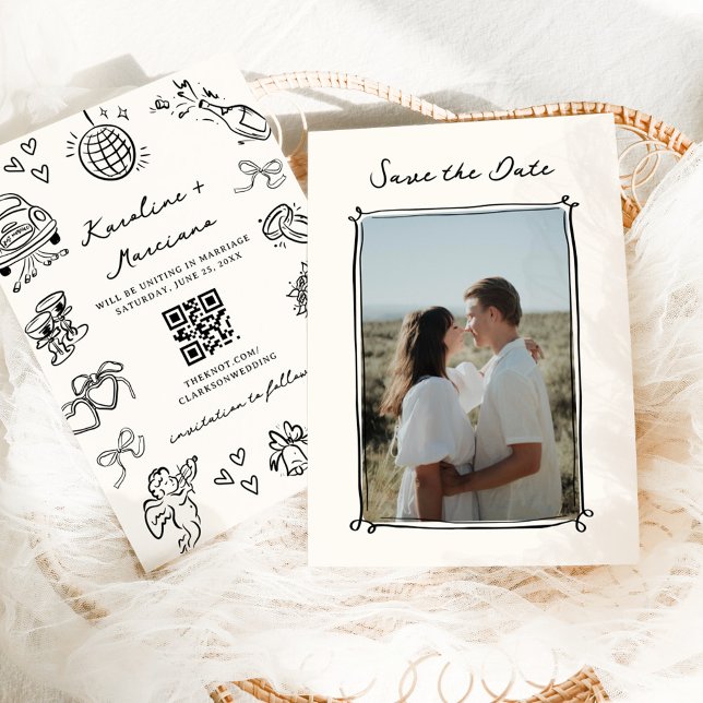 Whimsical Hand Drawn Doodles Save the Date QR code Invitation (Creator Uploaded)