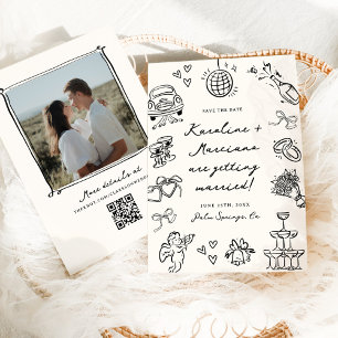 Whimsical Hand Drawn Doodles Save the Date QR code Invitation