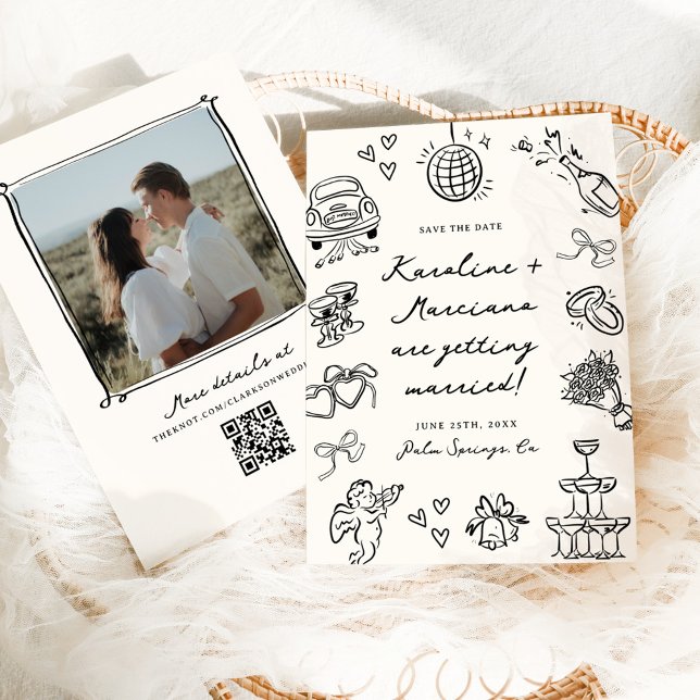 Whimsical Hand Drawn Doodles Save the Date QR code Invitation (Creator Uploaded)