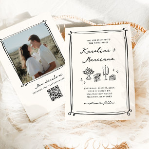 Whimsical Hand Drawn Doodles Wedding QR Code Invitation