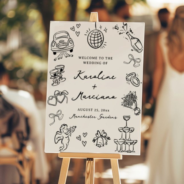 Whimsical Hand Drawn Doodles Wedding Welcome Foam Board (Creator Uploaded)