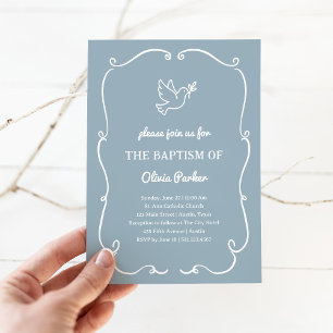 Whimsical Hand-Drawn Dove Blue Baptism Invitation