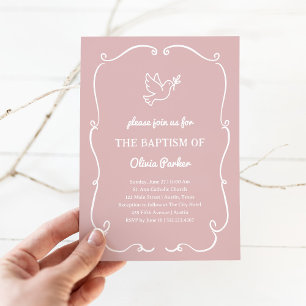 Whimsical Hand-Drawn Dove Pink Baptism Invitation
