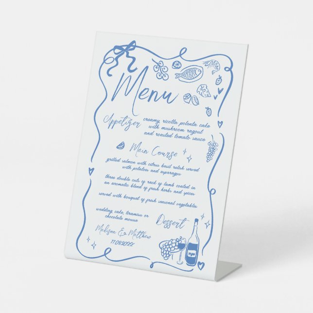 Whimsical Hand Drawn Drawing Doodles Wedding Menu Pedestal Sign (Front)