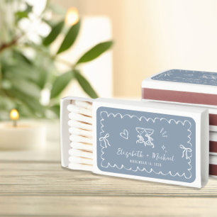 Whimsical Hand Drawn Dusty Blue Wedding Favor Matchboxes