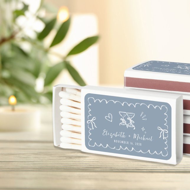 Whimsical Hand Drawn Dusty Blue Wedding Favor Matchboxes (Creator Uploaded)