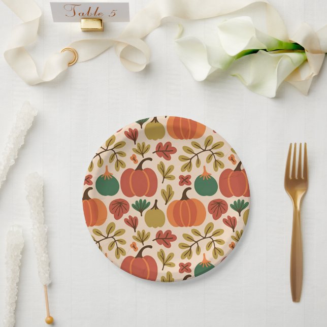 Whimsical Hand-Drawn Fall Halloween Pumpkin Seamle Paper Plates (Wedding)
