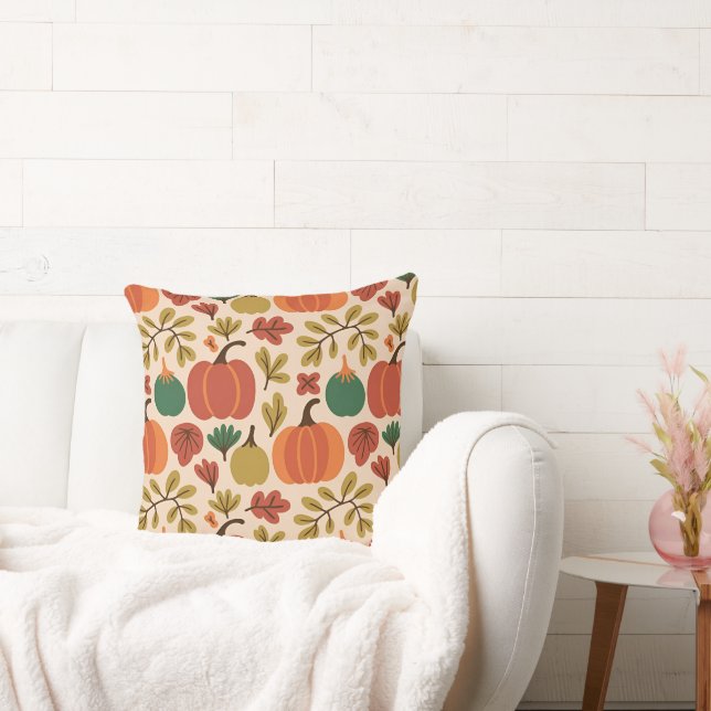 Whimsical Hand-Drawn Fall Halloween Pumpkin Seamle Throw Pillow (Couch)
