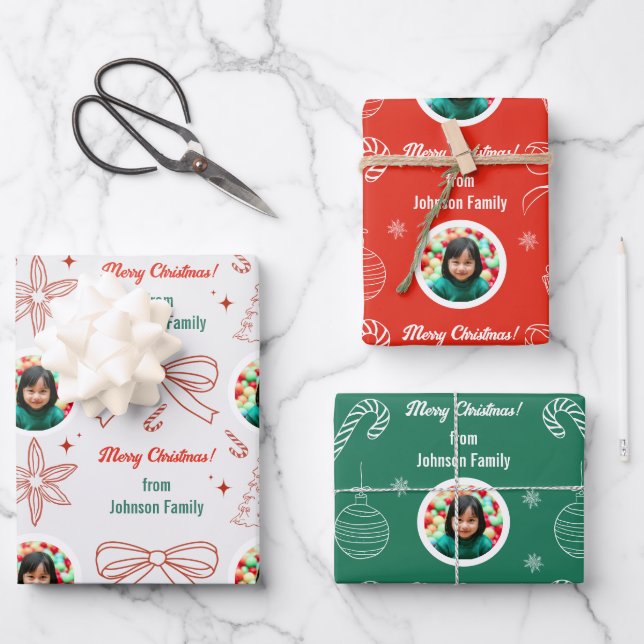 Whimsical Hand Drawn Family Photo Christmas Gift Wrapping Paper Sheets (Front)