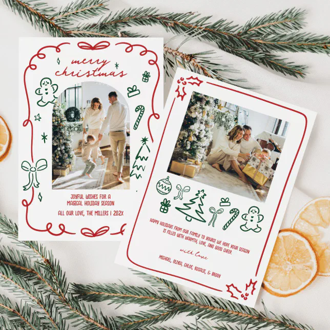 Whimsical Hand Drawn Family Photo Holiday Card
