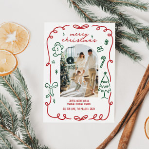 Whimsical Hand Drawn Family Photo Holiday Card