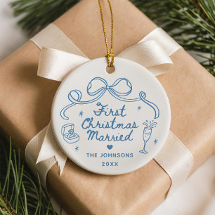 Whimsical Hand Drawn  First Christmas Married Ceramic Ornament