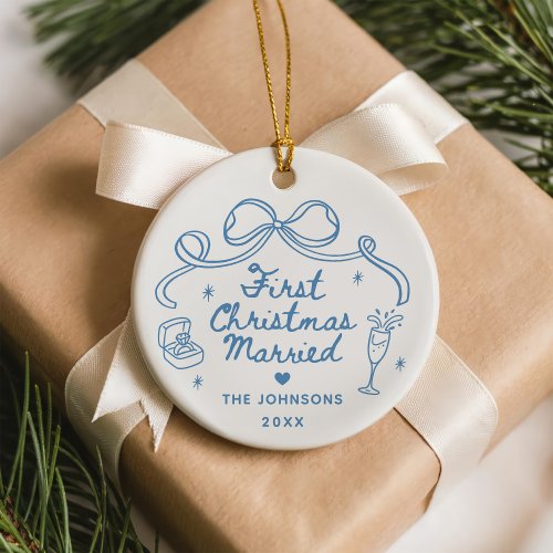 Whimsical Hand Drawn  First Christmas Married Ceramic Ornament