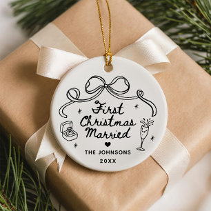Whimsical Hand Drawn First Christmas Married Ceramic Ornament