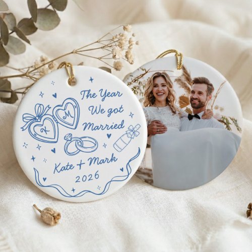 Whimsical Hand Drawn First Christmas Married Ceramic Ornament