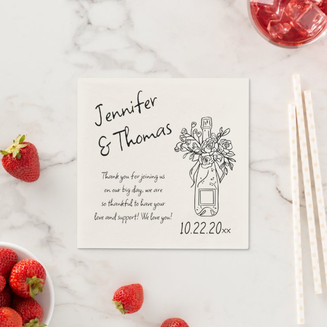 Whimsical Hand Drawn Floral Champagne Wedding Napkins (Insitu)